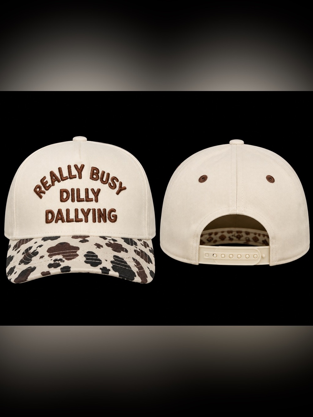 🆕 Really Busy Dilly Dallying Cow Print Baseball Hat Cream Adjustable Cap - Picture 2 of 2